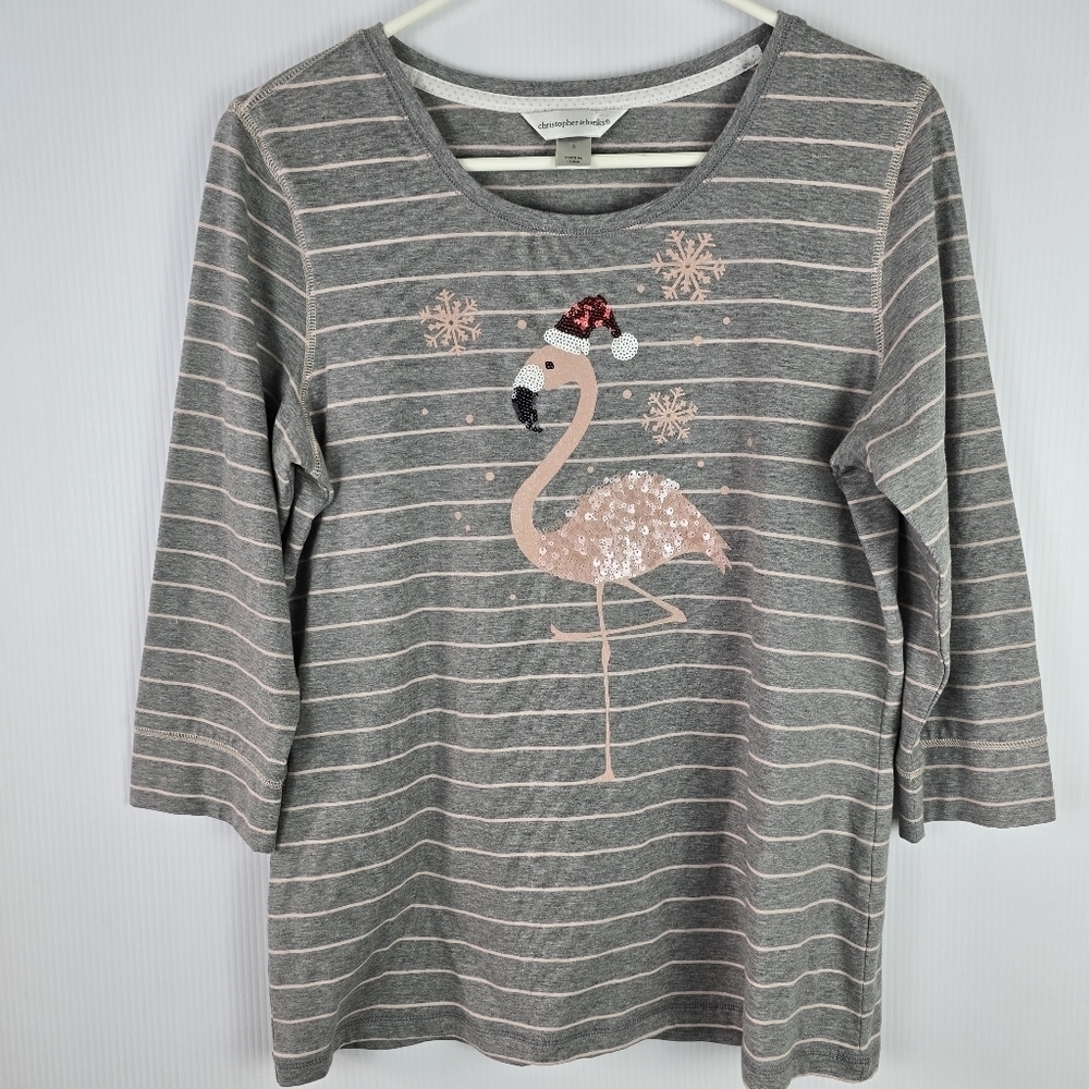 NWOT Christopher&Banks Christmas Sequin Flamingo 3/4 Sleeve Grey & Pink Stripe S